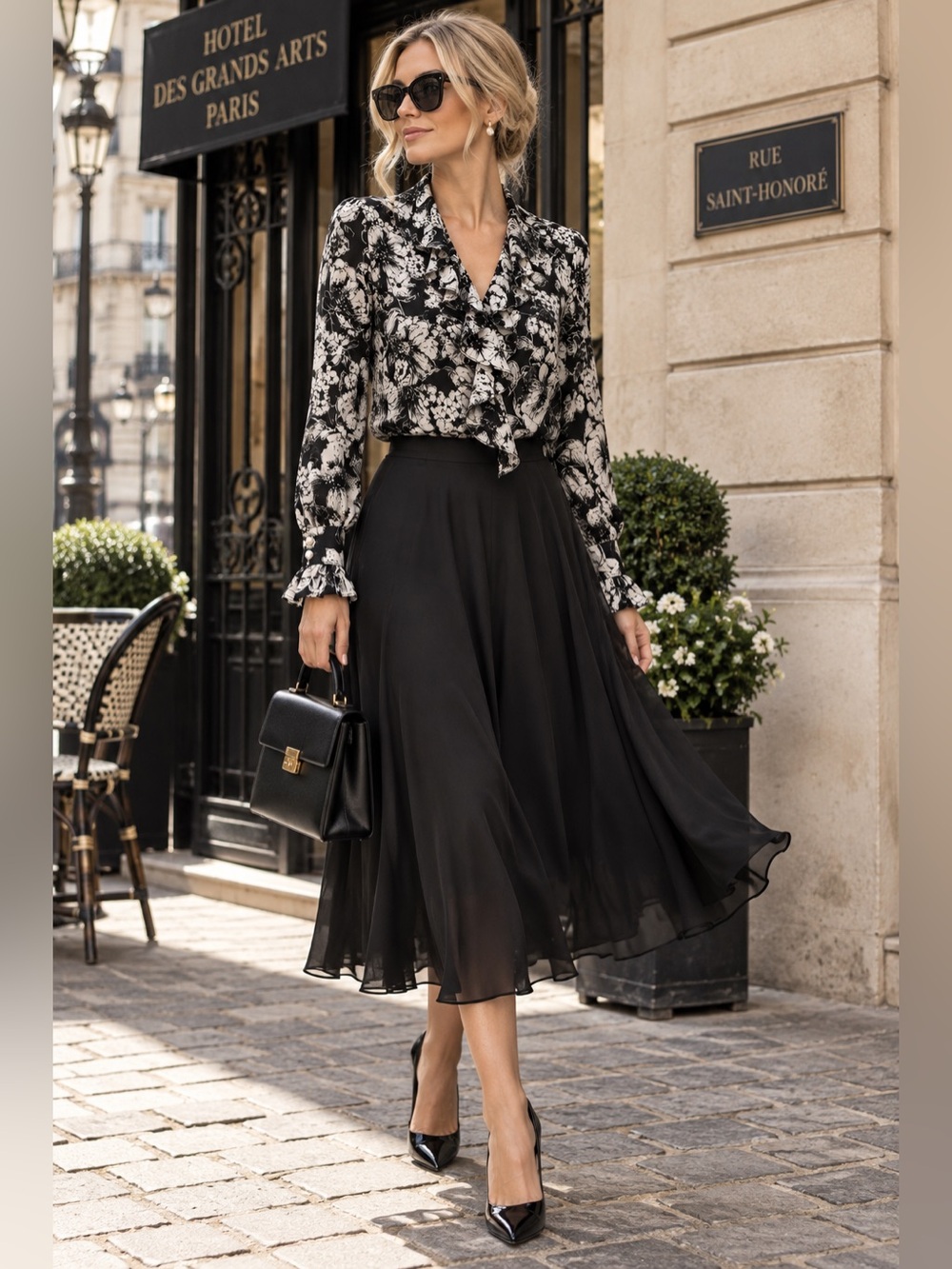 Karl Lagerfeld Black and White Floral Ruffle V-Neck Blouse